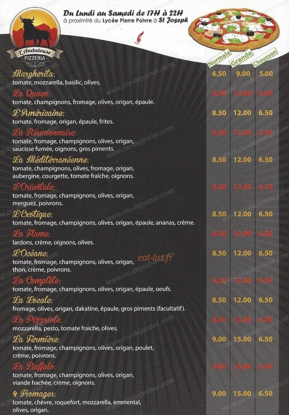 Carte de L'Andalouse - page 1 - liste des pizzas et tarifs
