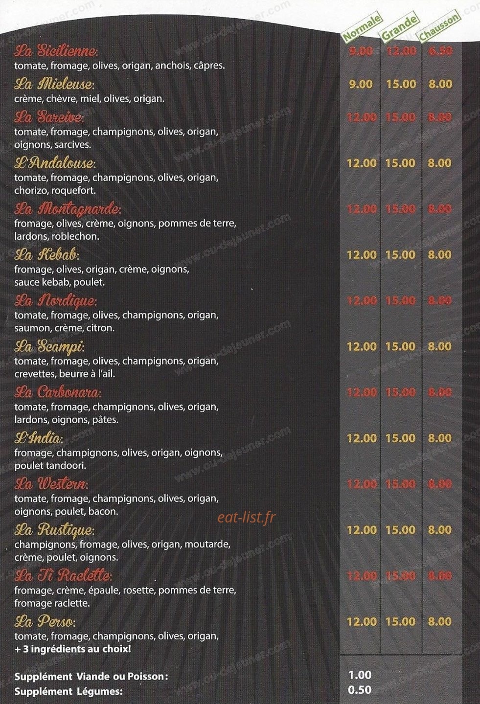 Carte de L'Andalouse - page 2 - suppléments et boissons